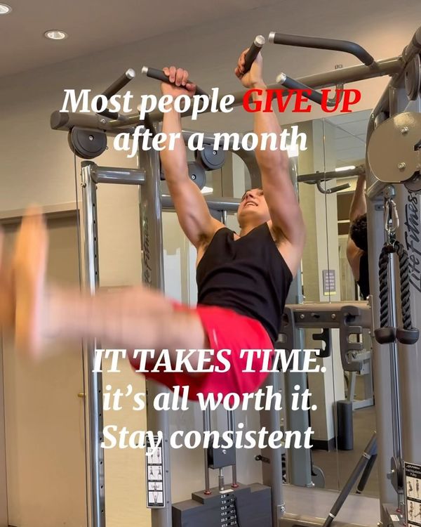 Josh doing a hanging leg raise, captioned most people give up after a month